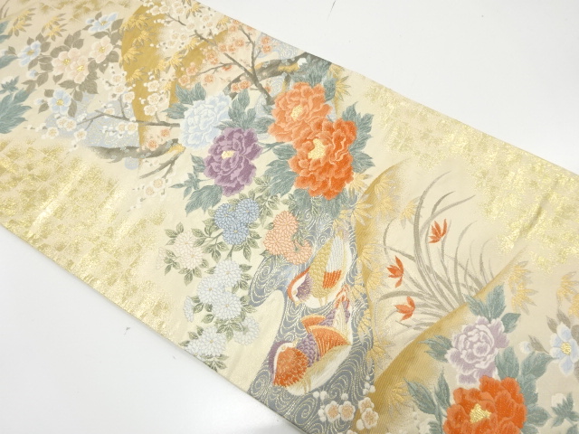 鴛鴦に牡丹・菊・椿模様織り出し　袋帯